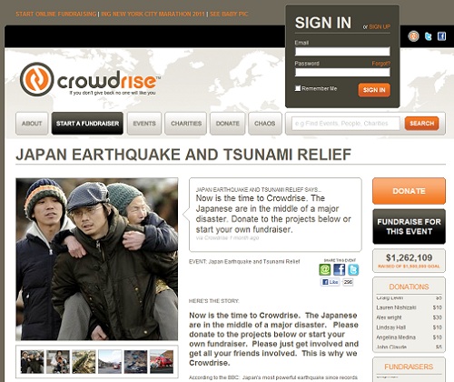 Donate to Japan website example Crowdrise